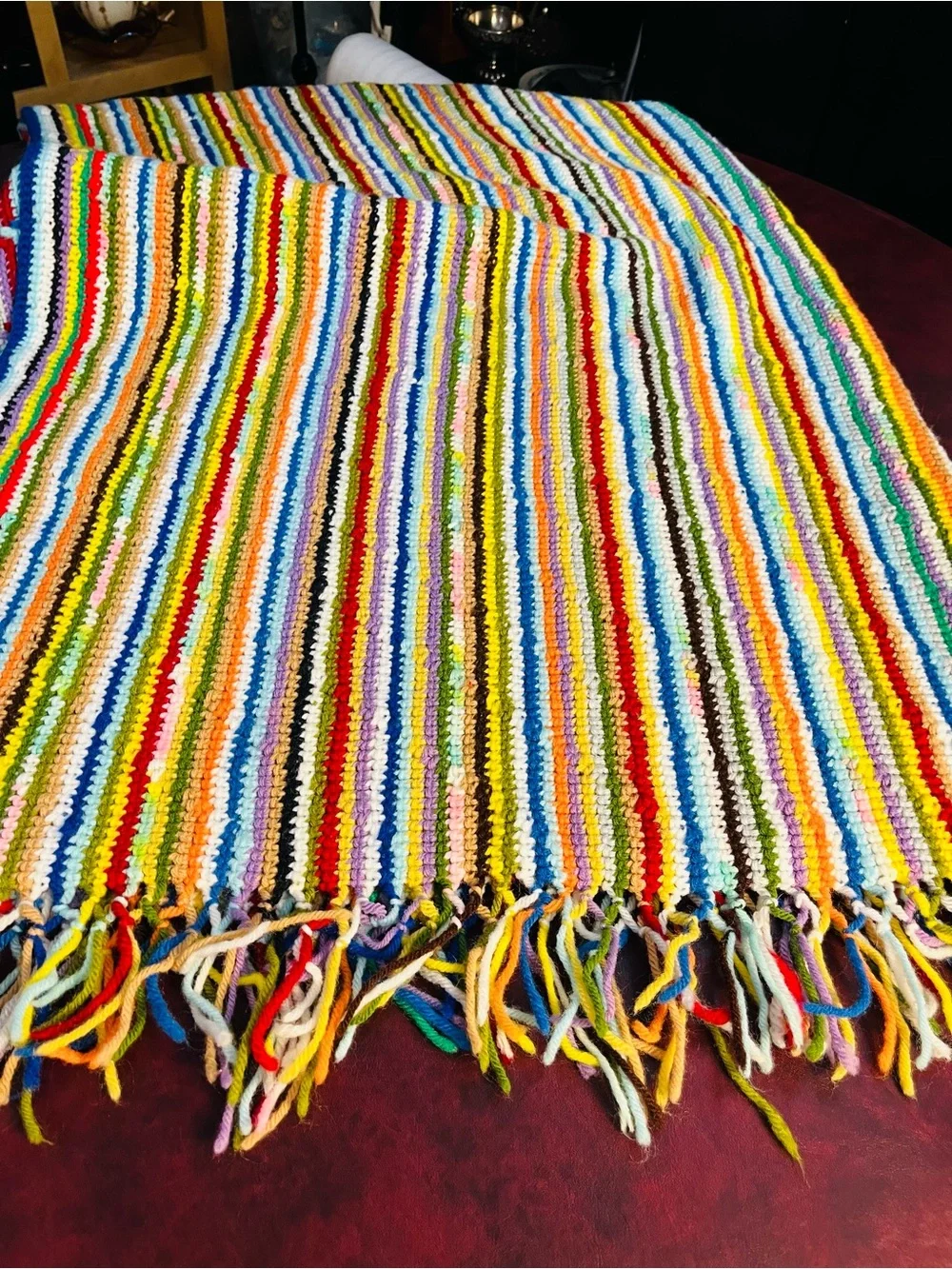 Vintage Handmade Crochet Afghan Blanket Multi Color Striped Boho 48”x52”